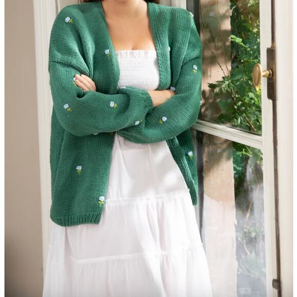 Fanm Mon x Hill House Winter Bloom Blue Rose Cardigan Hunter Green - Picture 9 of 9